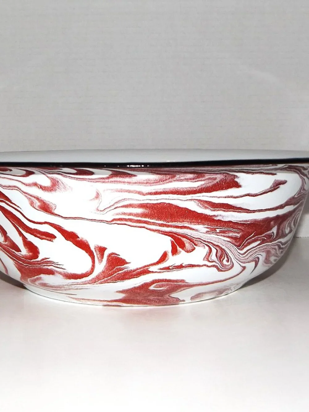 Vintage 12 ½” Red Swirl Enamelware Bowl Black Rim w/Rack Marks